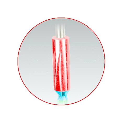 Rotes zylindrisches Werkzeug mit blauem Fuß, roter Kreisumriss.